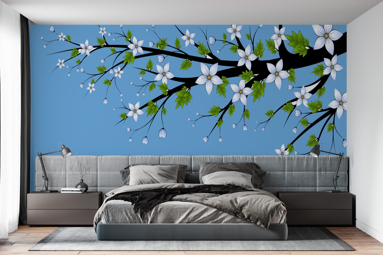 Fototapeta konárik, na ktorom sa otvárajú biele púčiky