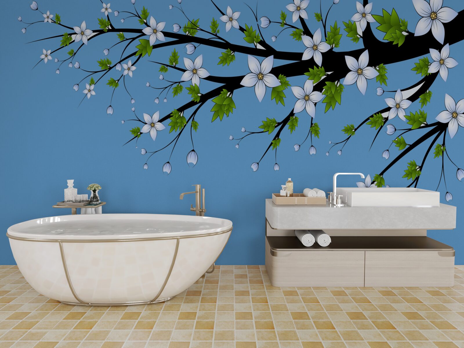 Fototapeta konárik, na ktorom sa otvárajú biele púčiky