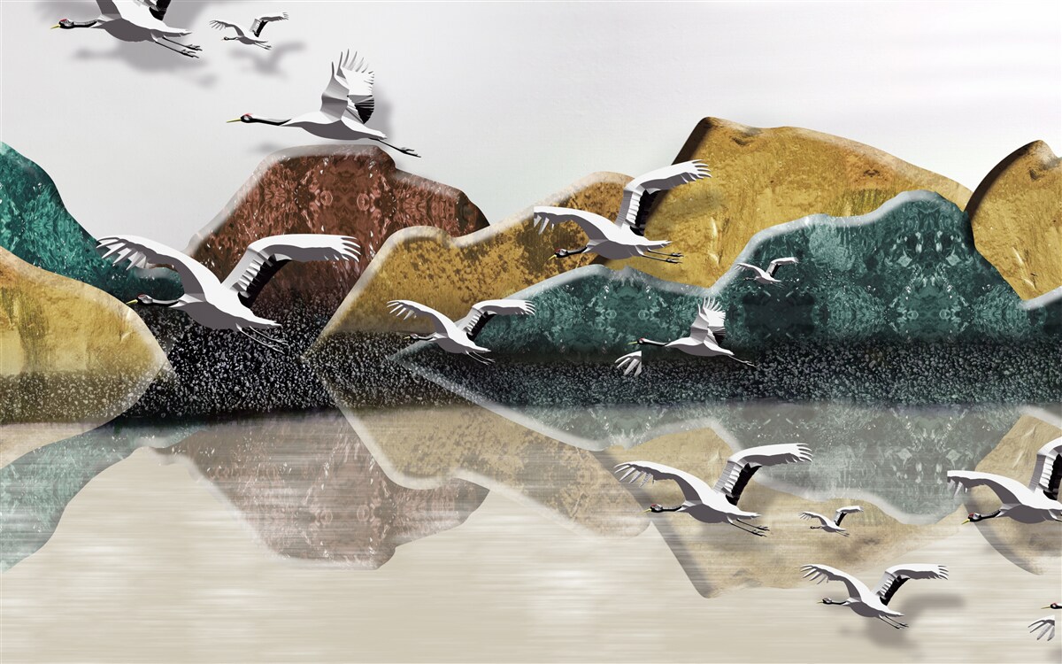 Fototapeta pokojné jazero s horami a vtákmi