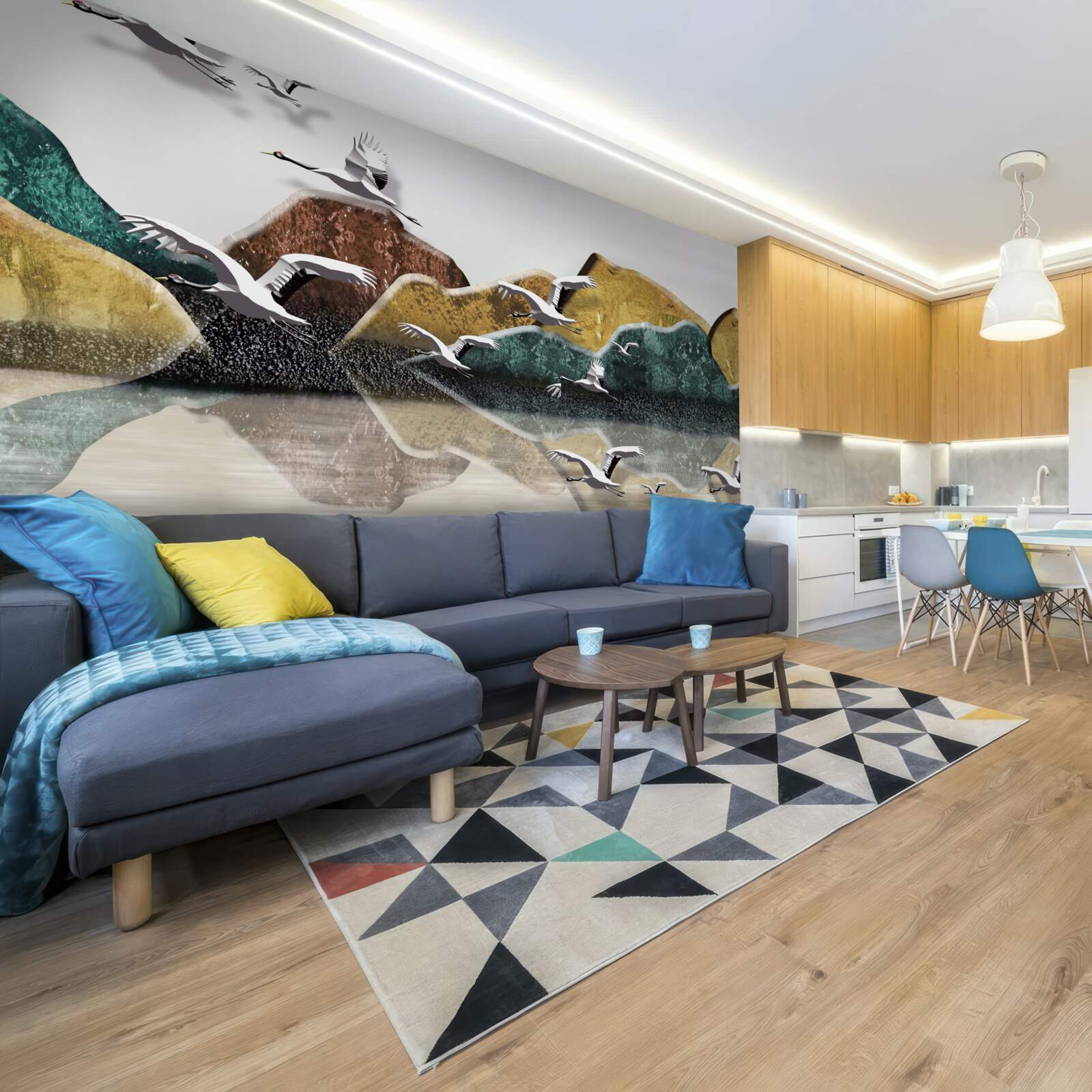 Fototapeta pokojné jazero s horami a vtákmi