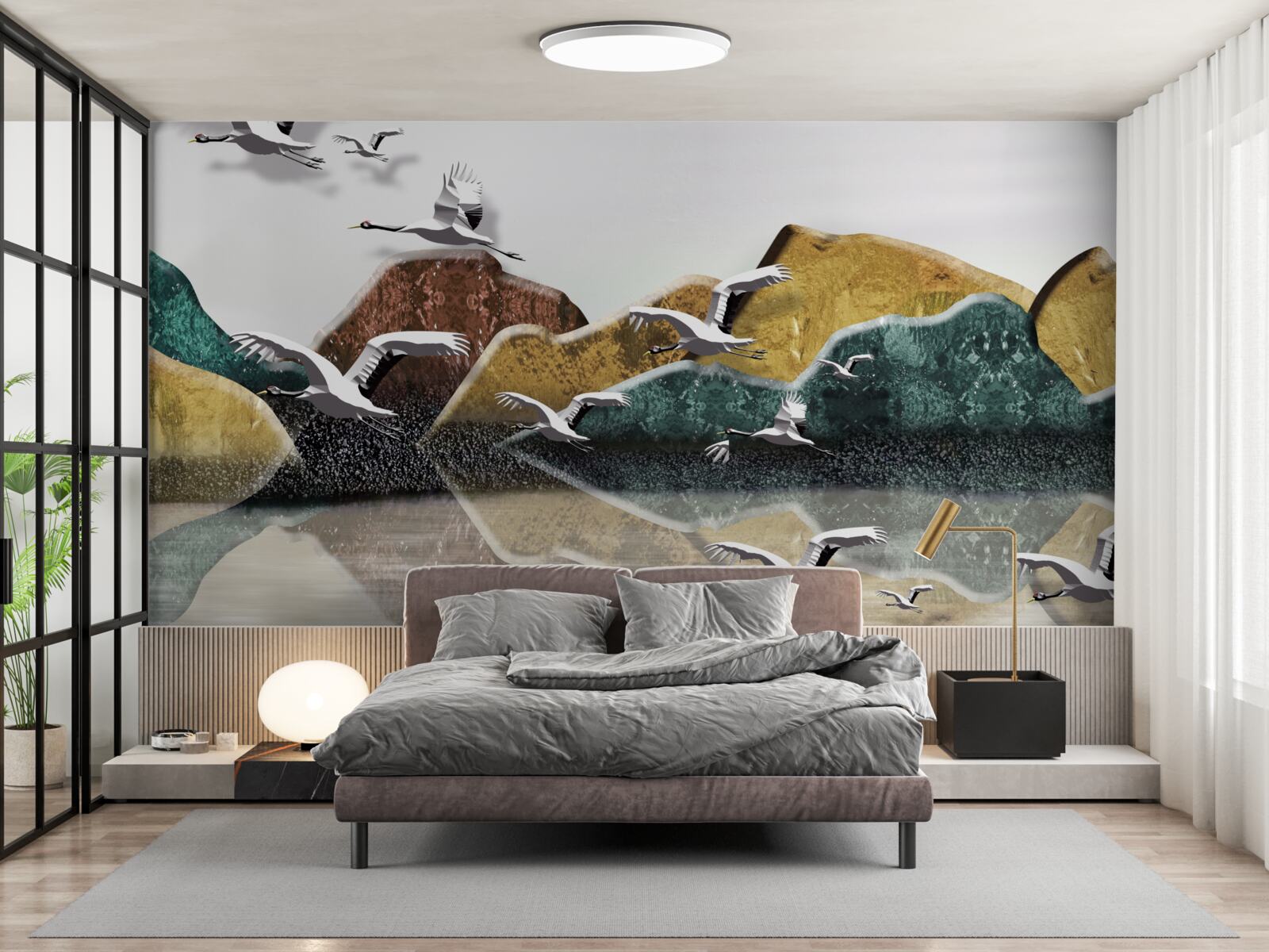 Fototapeta pokojné jazero s horami a vtákmi