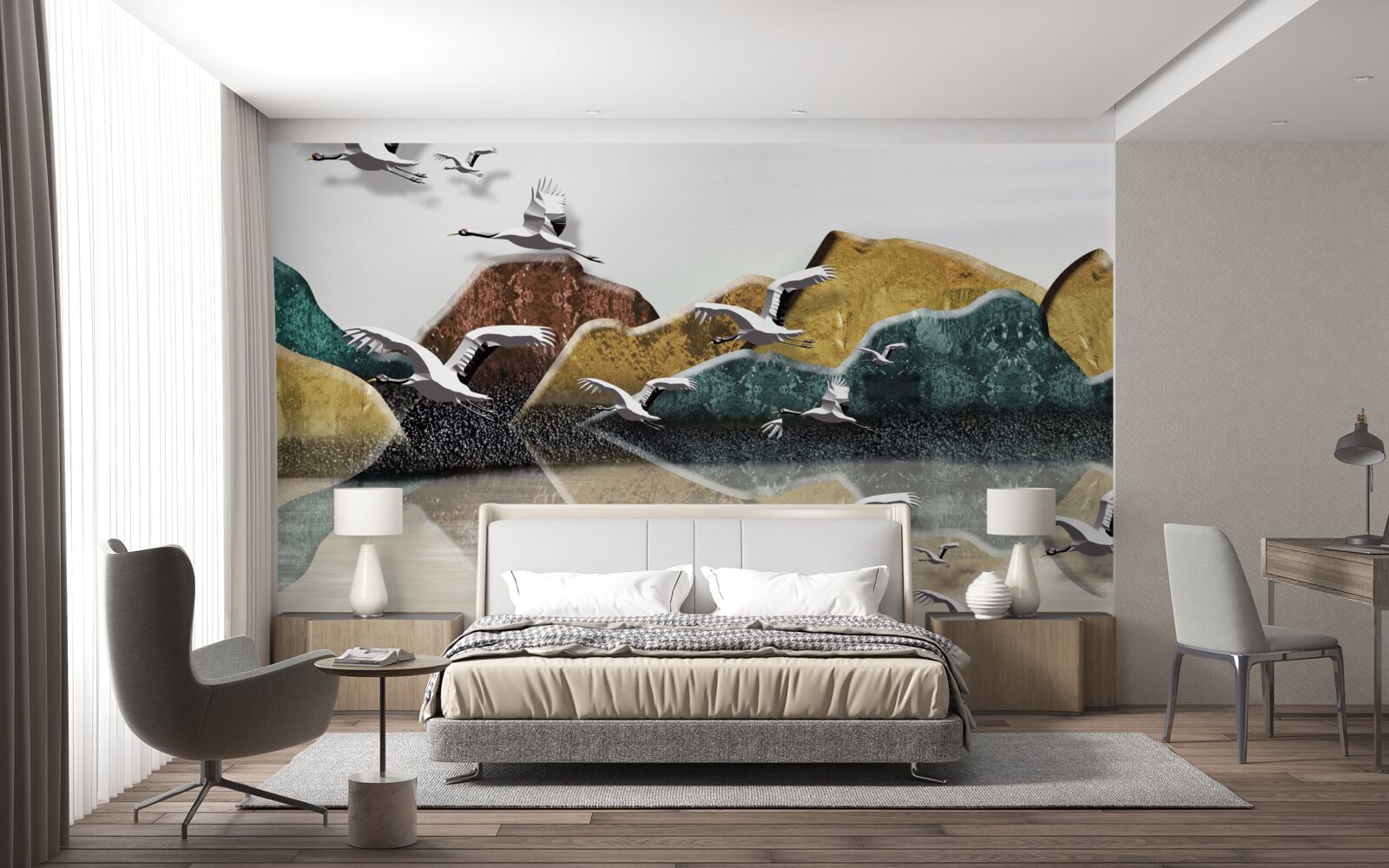 Fototapeta pokojné jazero s horami a vtákmi