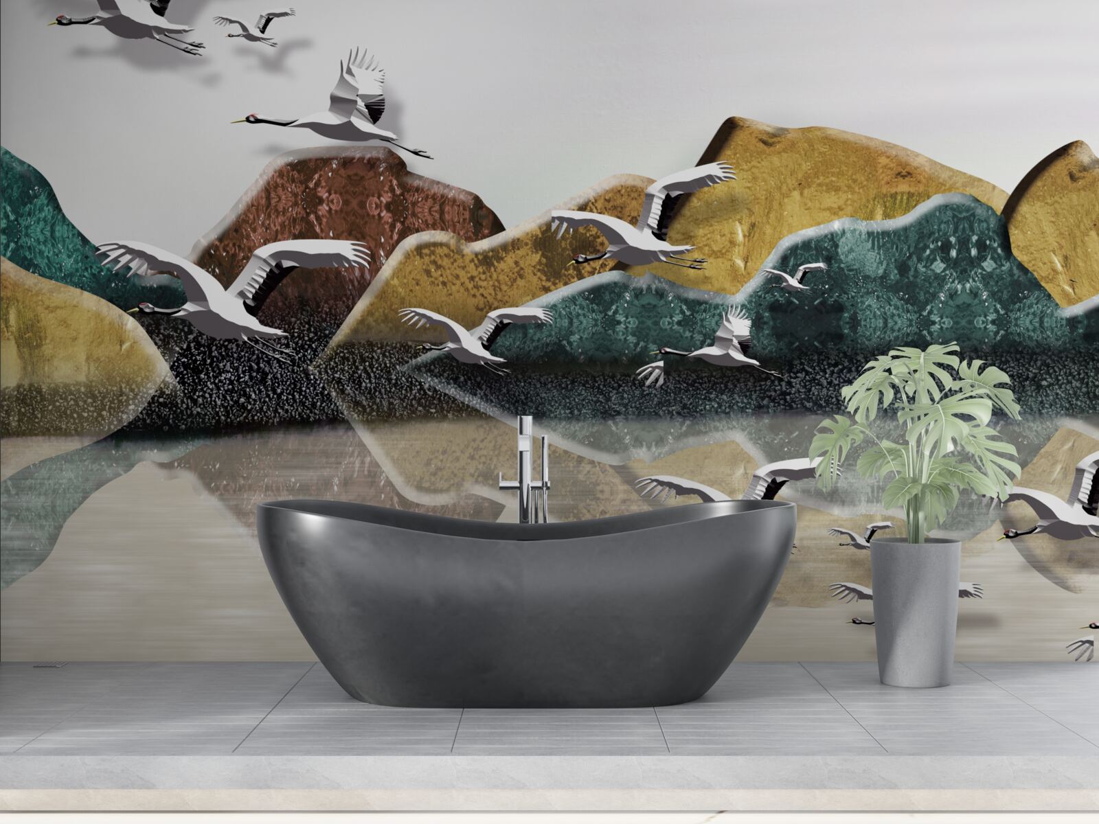 Fototapeta pokojné jazero s horami a vtákmi