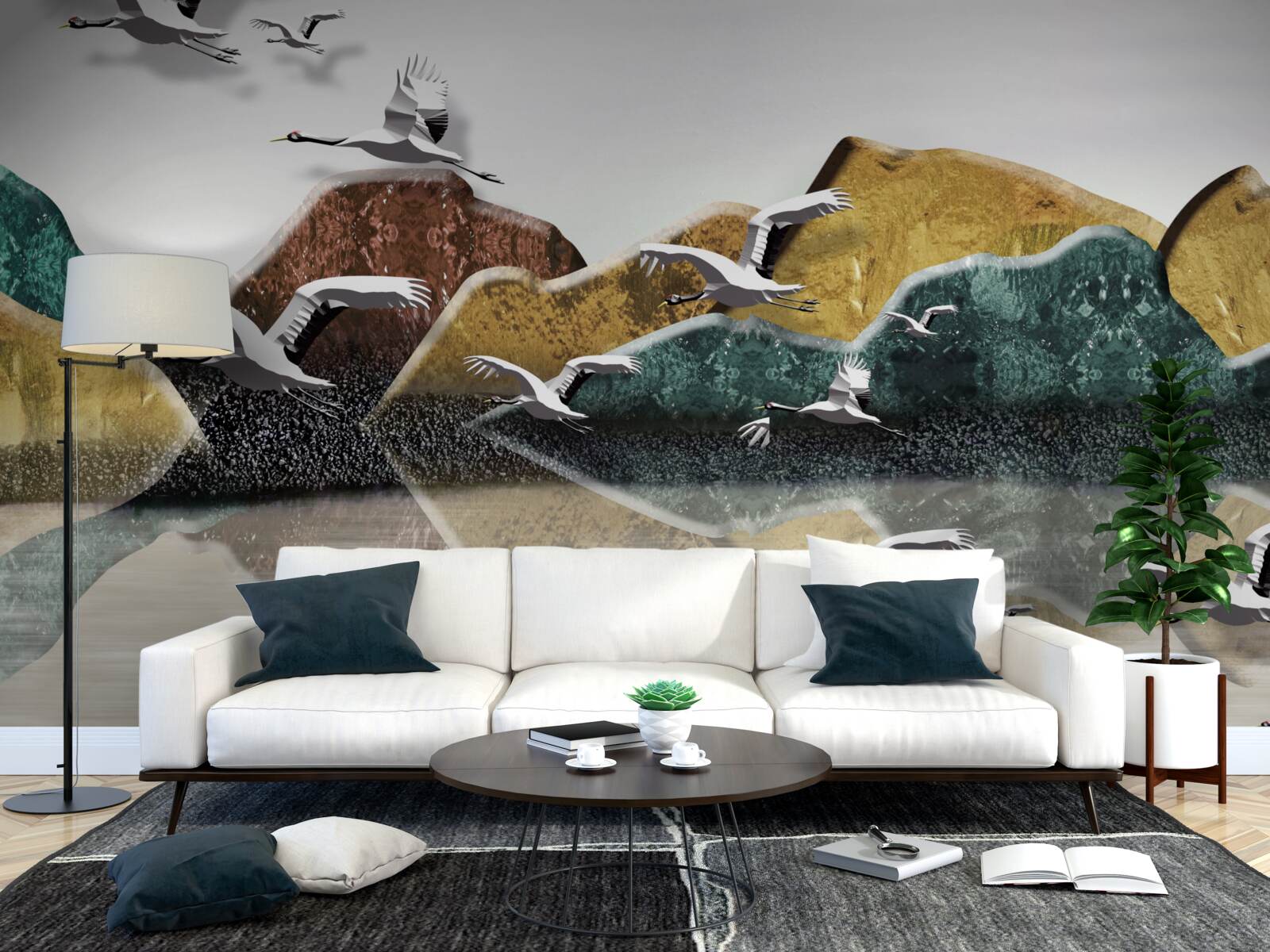 Fototapeta pokojné jazero s horami a vtákmi