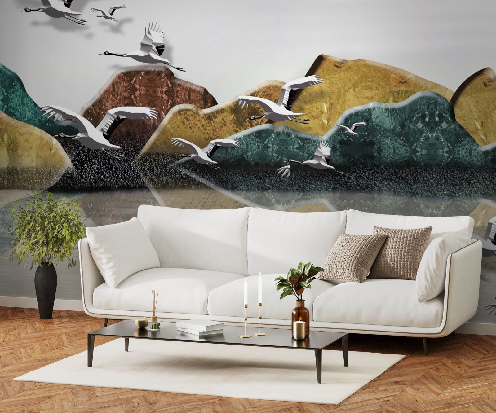 Fototapeta pokojné jazero s horami a vtákmi