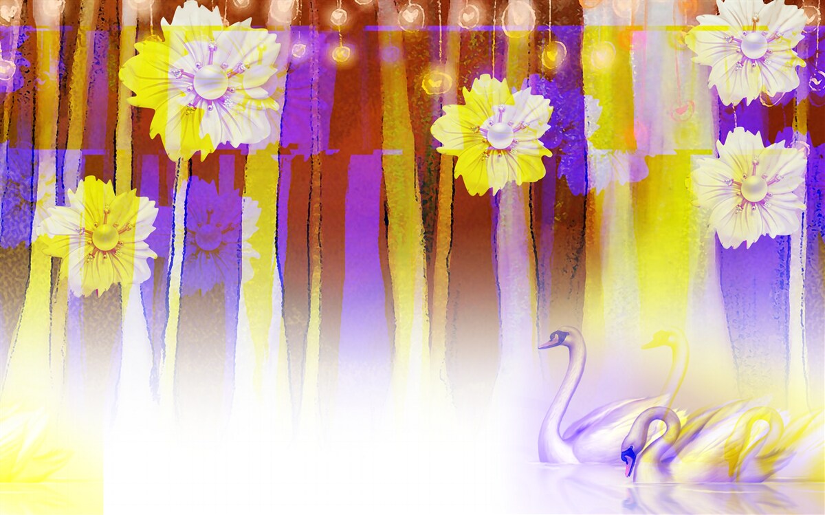 Fototapeta labutie biele kvety a labute plávajúce na vode