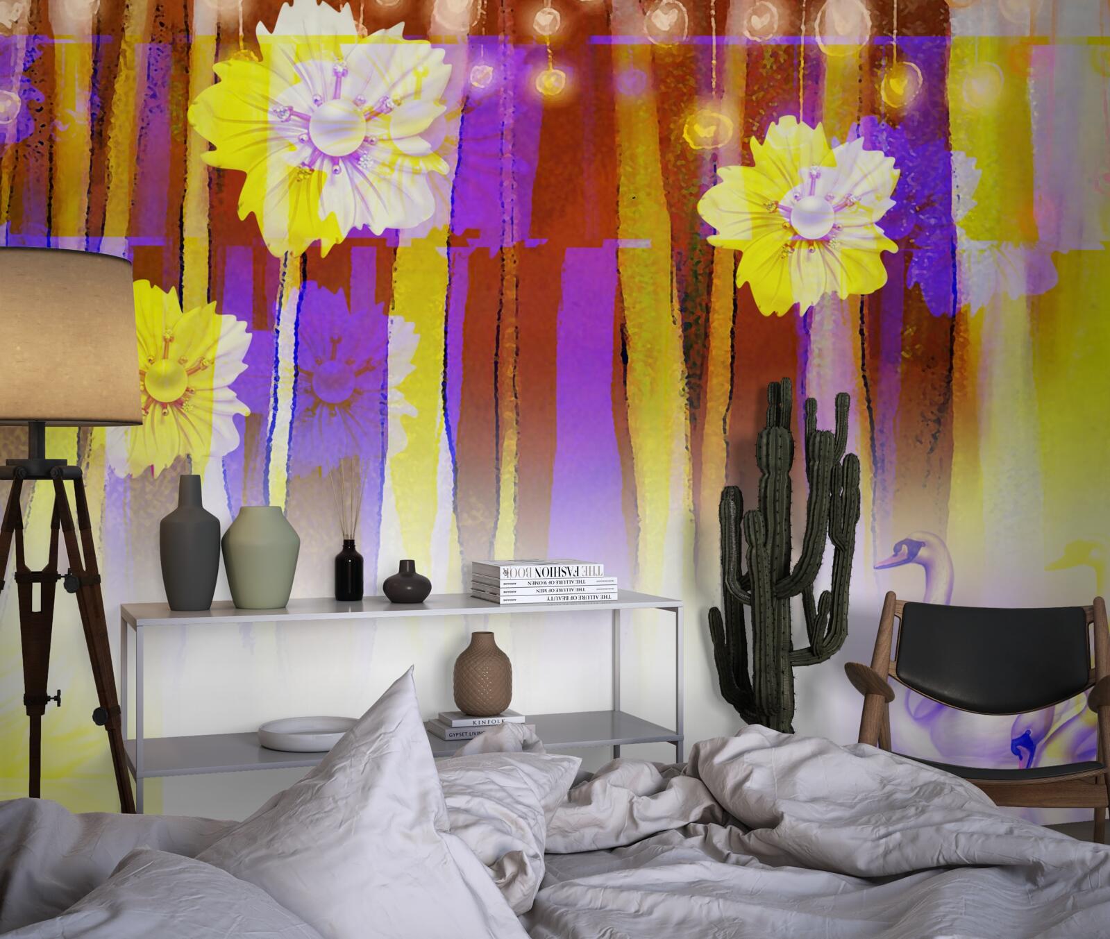 Fototapeta labutie biele kvety a labute plávajúce na vode