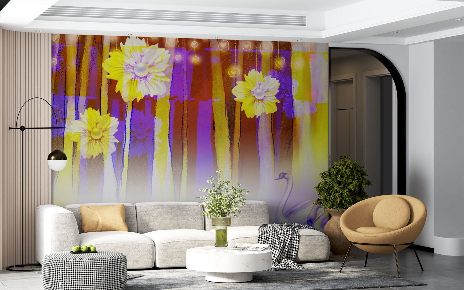 Fototapeta labutie biele kvety a labute plávajúce na vode