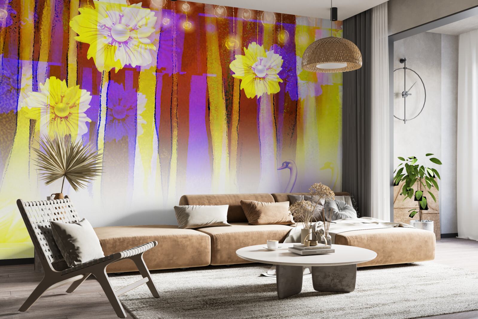 Fototapeta labutie biele kvety a labute plávajúce na vode