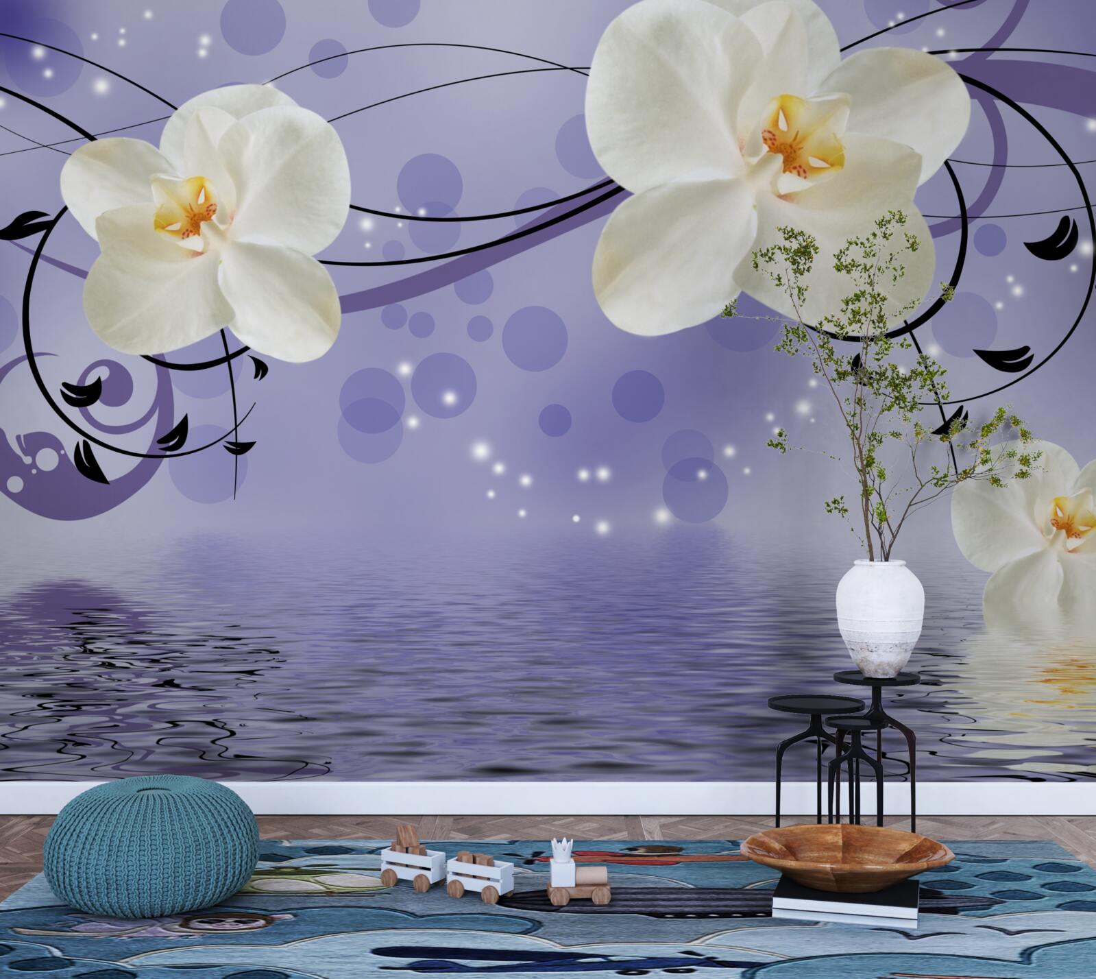 Fototapeta pri jazierku sú veľké snehobiele kvety