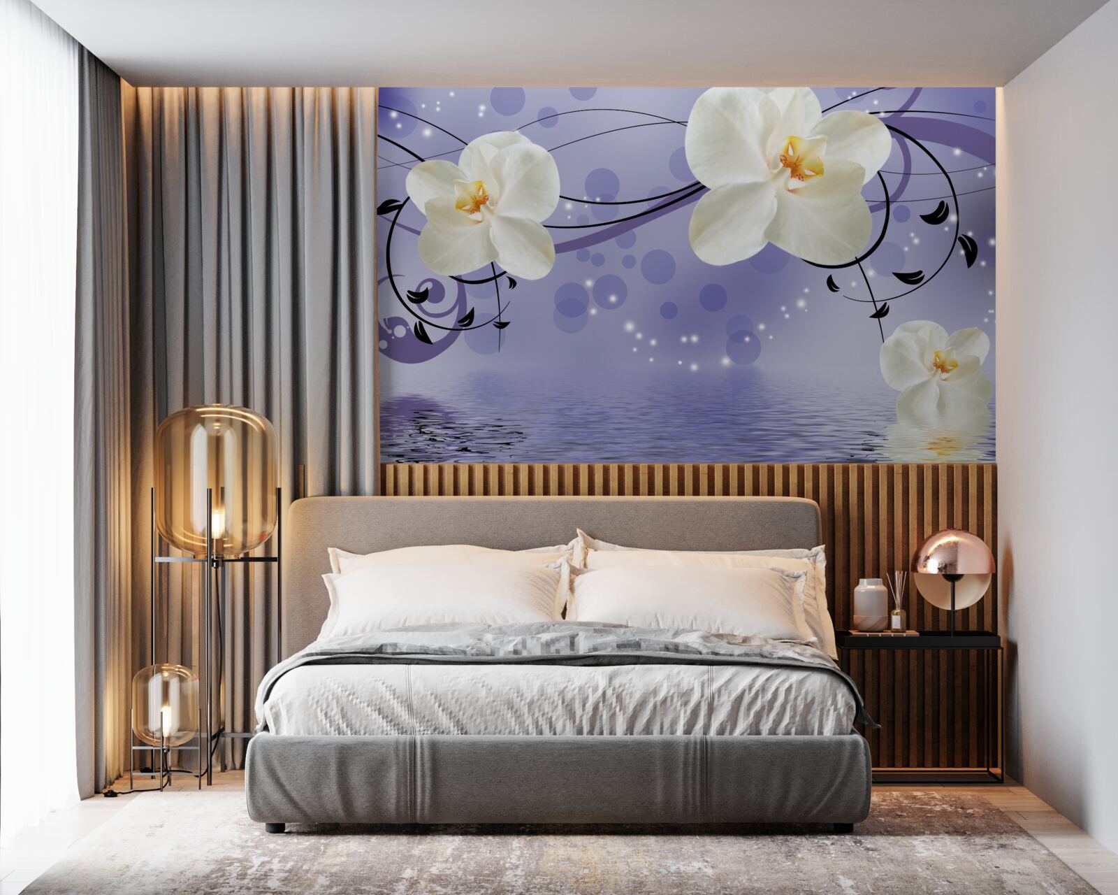 Fototapeta pri jazierku sú veľké snehobiele kvety