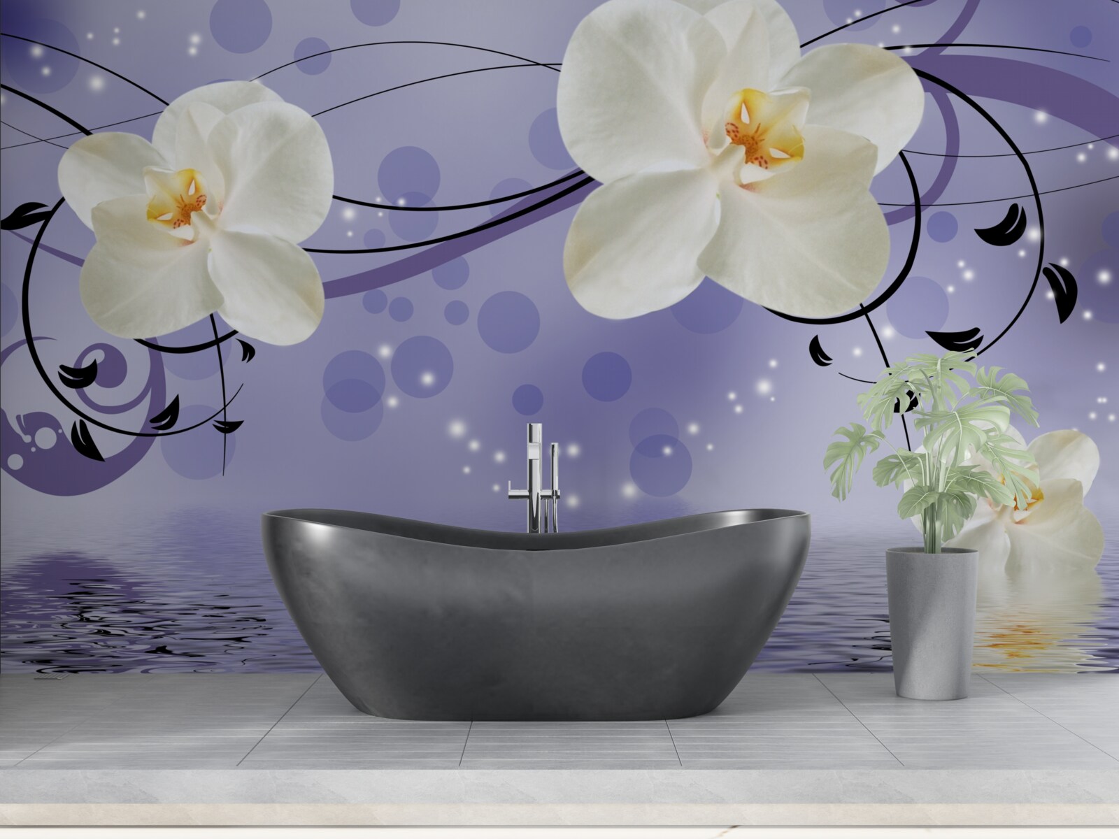 Fototapeta pri jazierku sú veľké snehobiele kvety