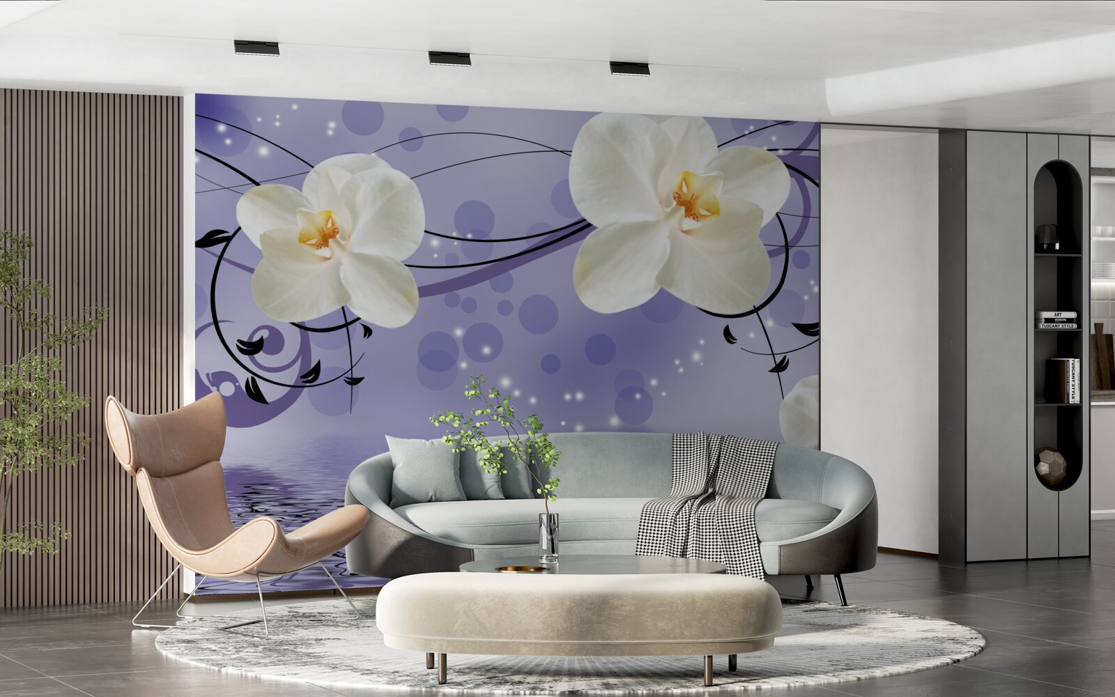 Fototapeta pri jazierku sú veľké snehobiele kvety