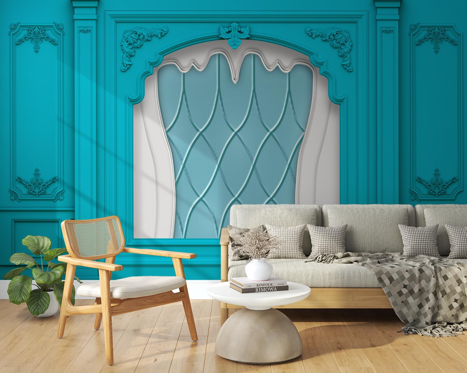 Fototapeta okno s modrým farebným sklom