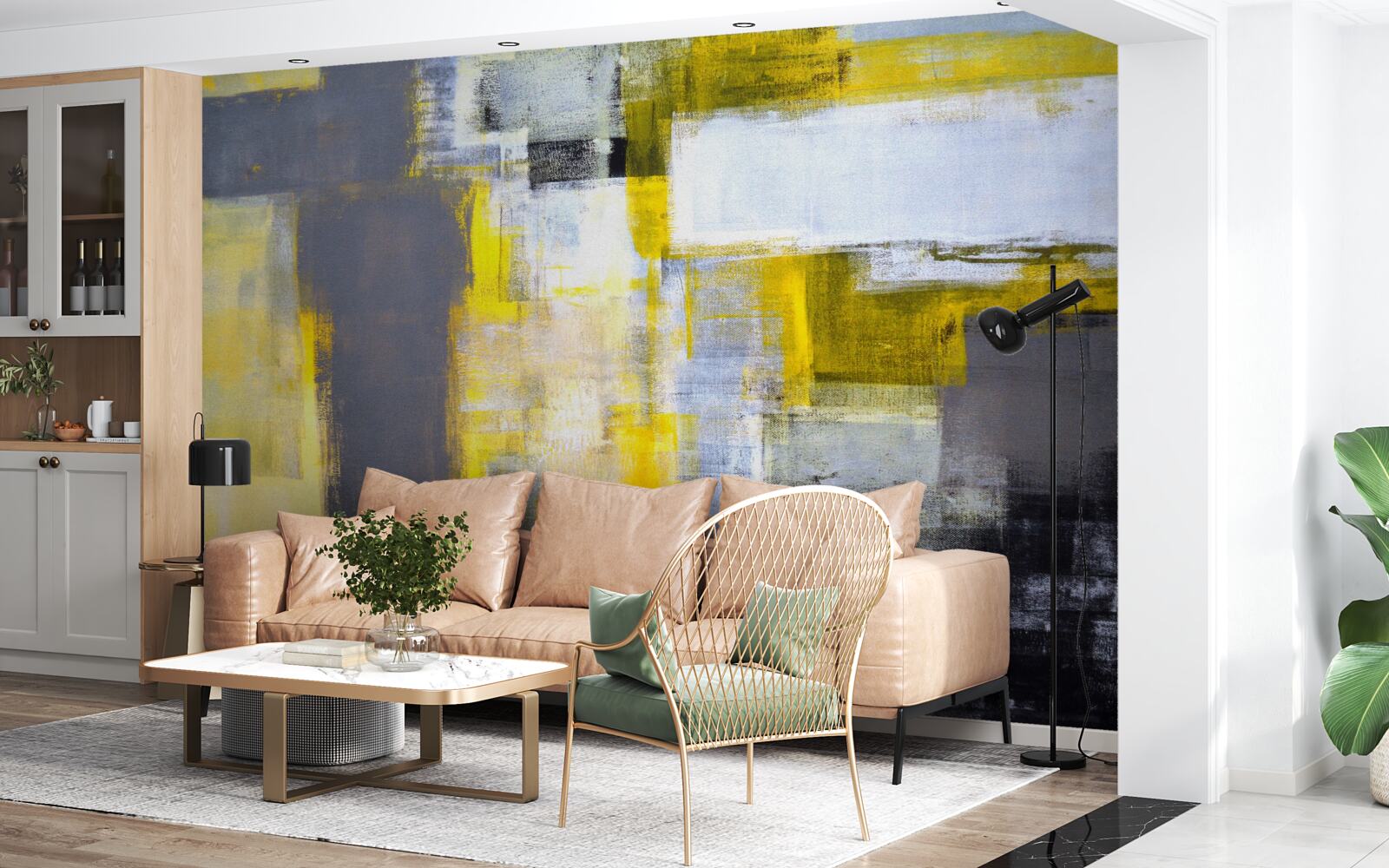 Fototapeta abstraktný obraz v odtieňoch žltej a šedej, vyrobený farbami