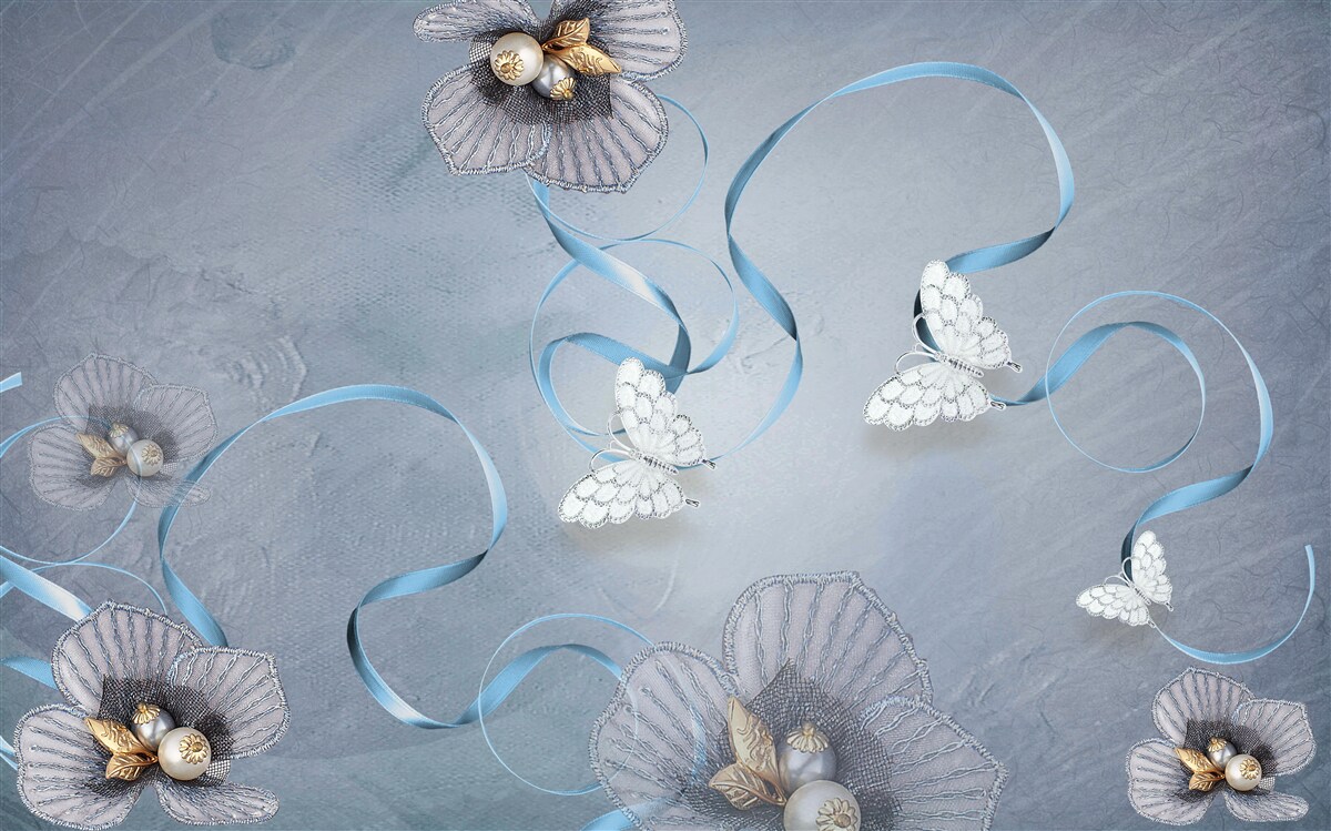 Fototapeta Snehobiele motýle a kvety zdobené perličkami