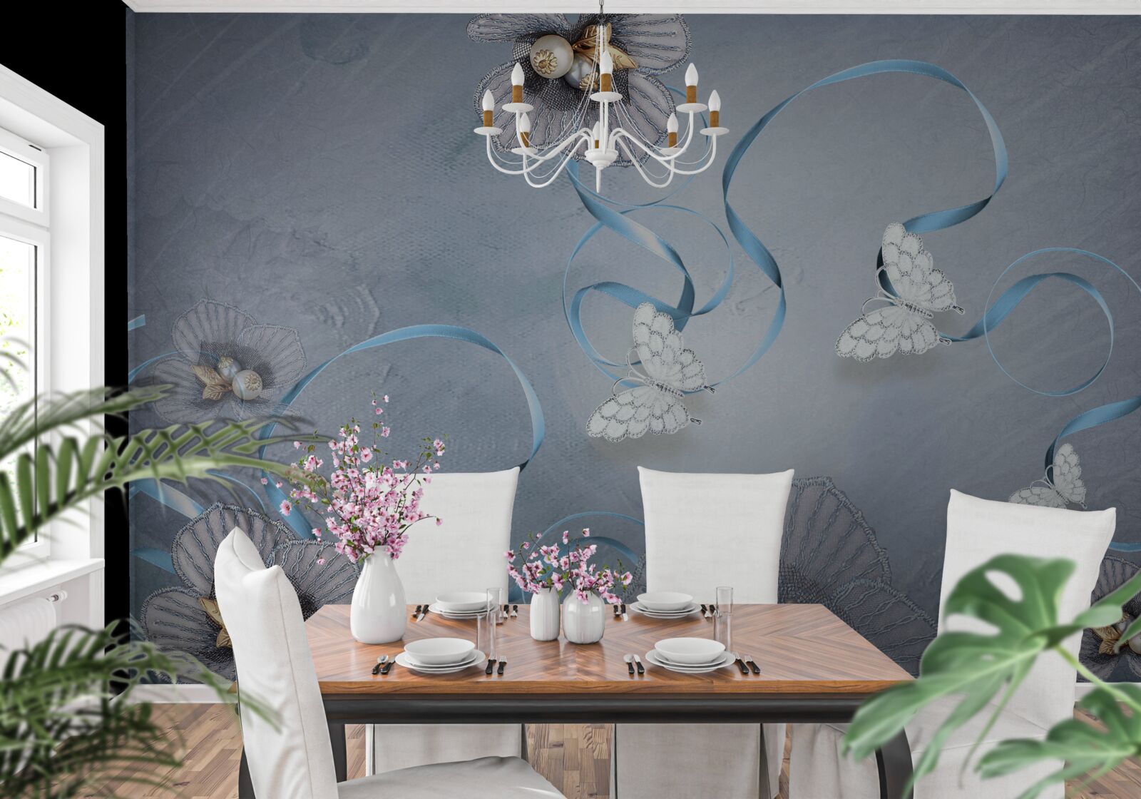 Fototapeta Snehobiele motýle a kvety zdobené perličkami