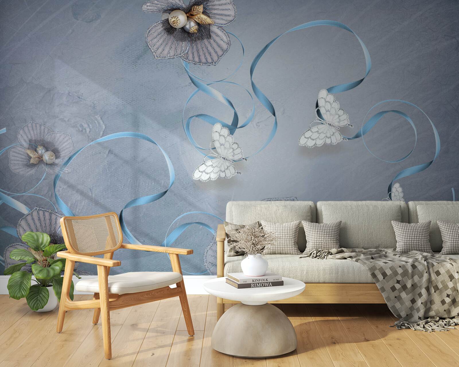 Fototapeta Snehobiele motýle a kvety zdobené perličkami