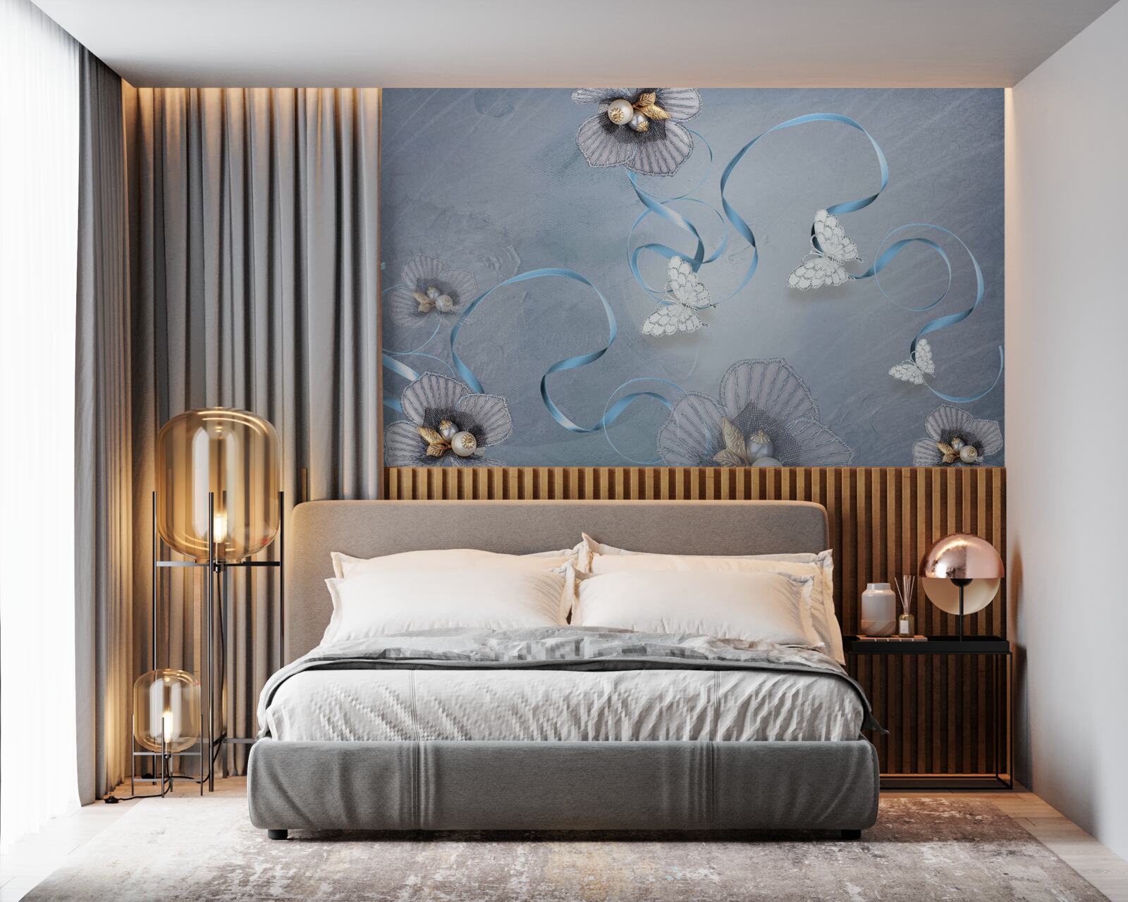 Fototapeta Snehobiele motýle a kvety zdobené perličkami