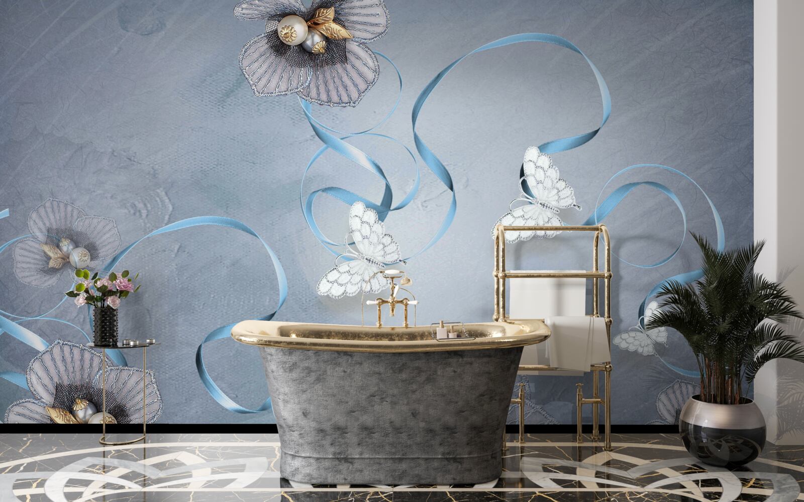 Fototapeta Snehobiele motýle a kvety zdobené perličkami