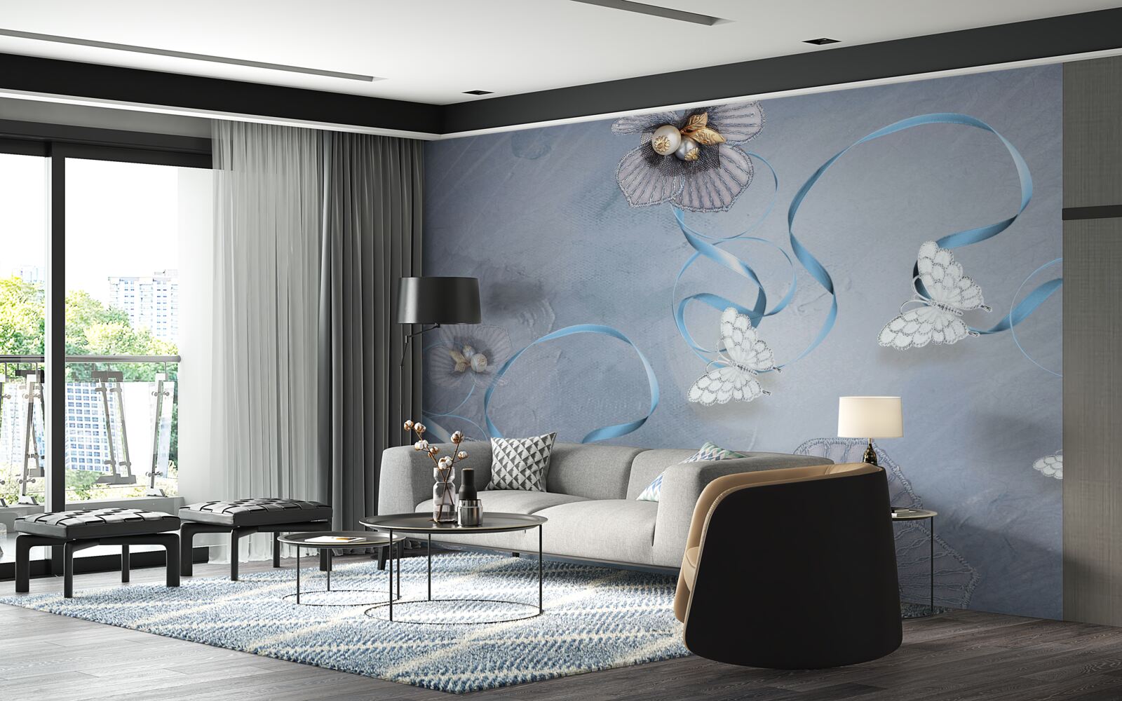 Fototapeta Snehobiele motýle a kvety zdobené perličkami