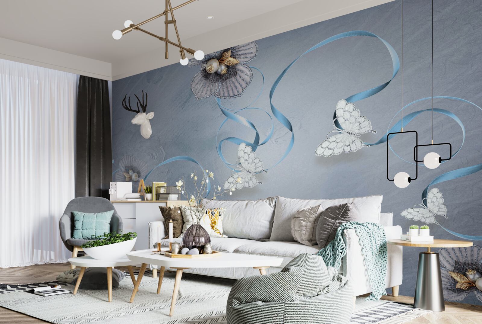 Fototapeta Snehobiele motýle a kvety zdobené perličkami