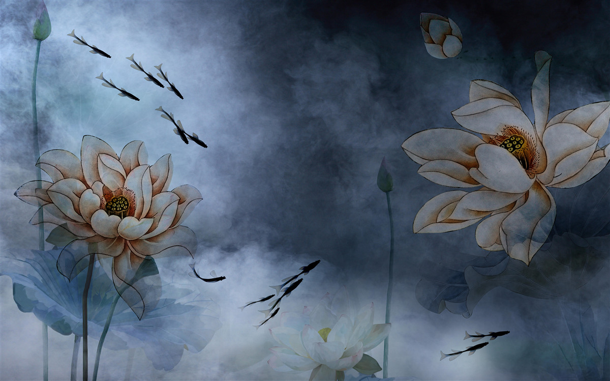 Fototapeta kvety s rybami striekajúcimi okolo nich