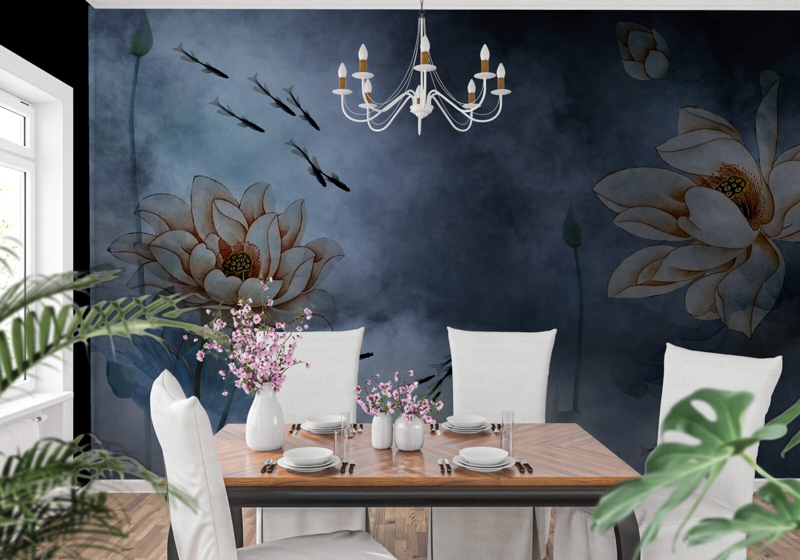 Fototapeta kvety s rybami striekajúcimi okolo nich