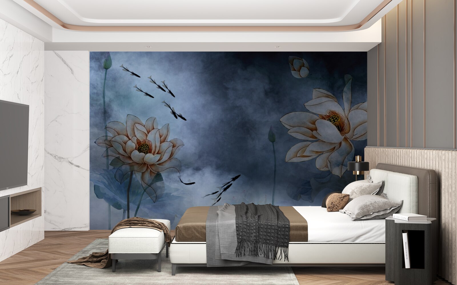 Fototapeta kvety s rybami striekajúcimi okolo nich