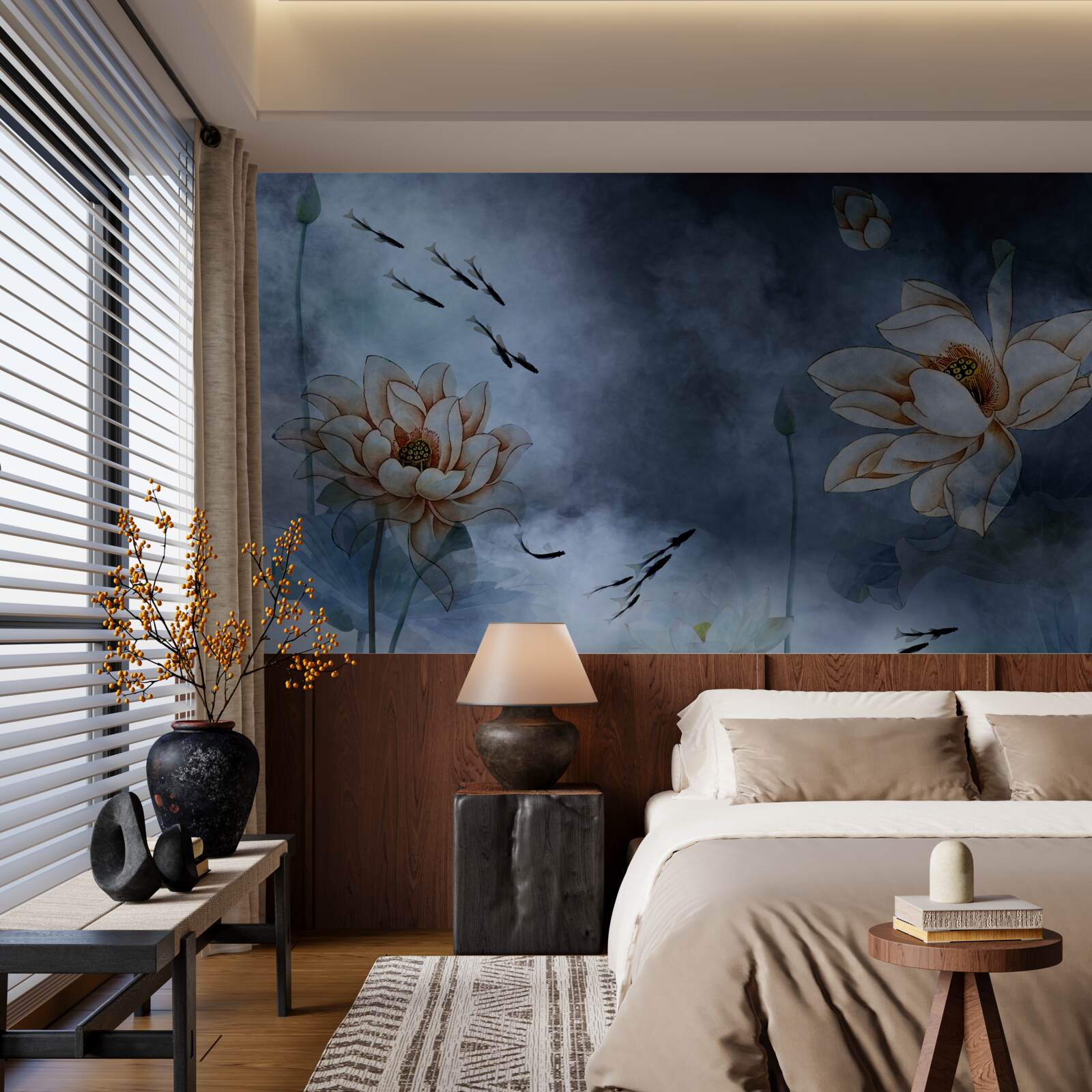 Fototapeta kvety s rybami striekajúcimi okolo nich