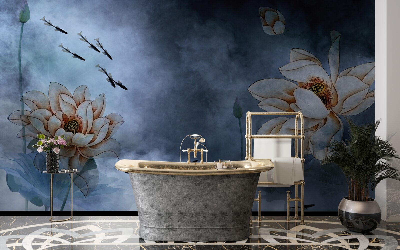 Fototapeta kvety s rybami striekajúcimi okolo nich