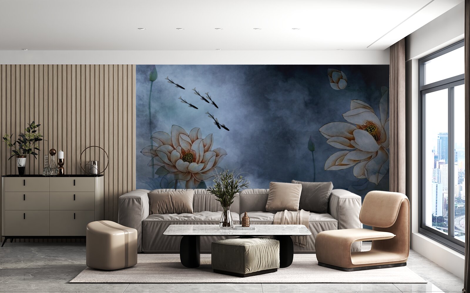 Fototapeta kvety s rybami striekajúcimi okolo nich