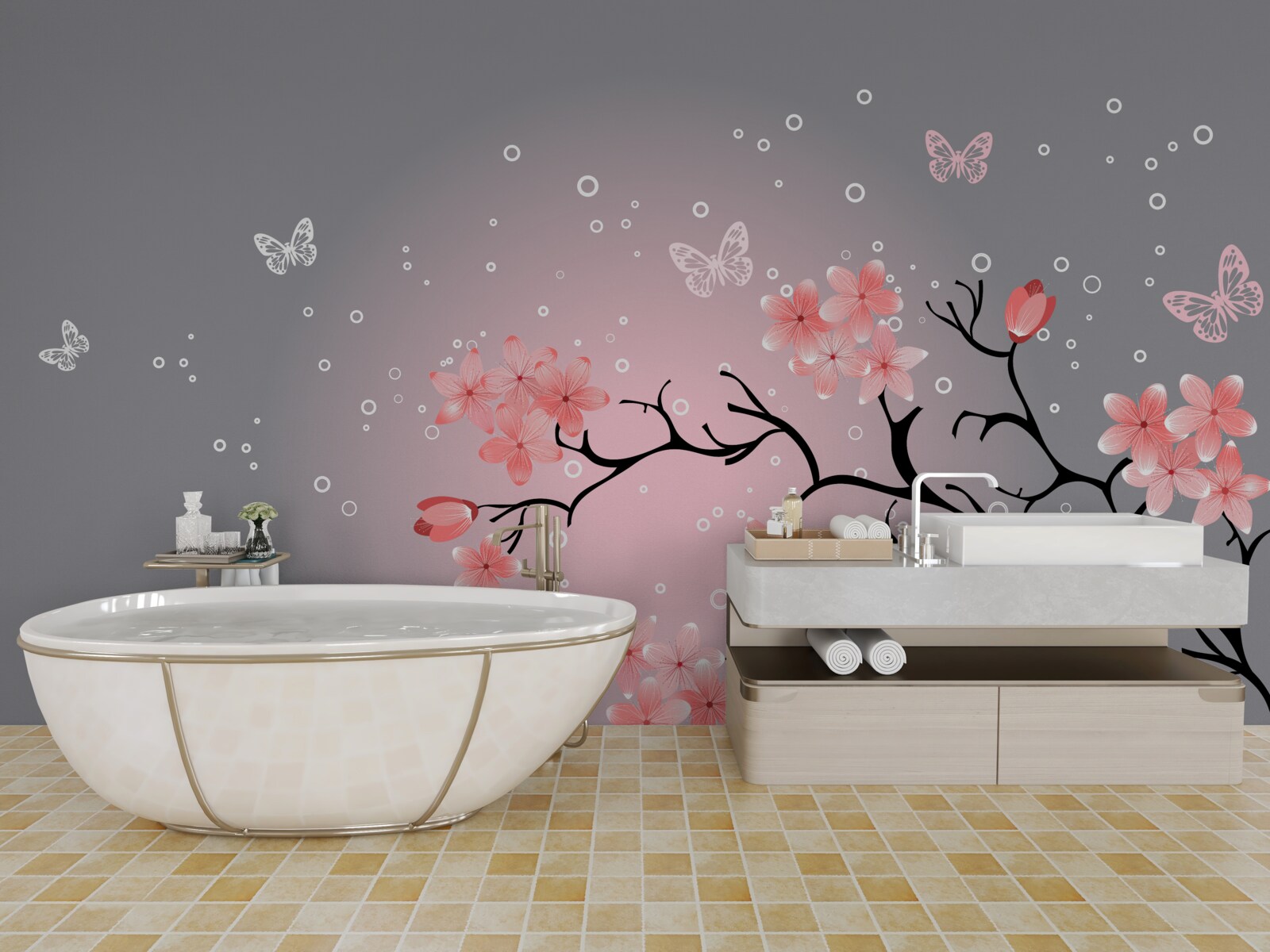 Fototapeta motýle a vetva sakury