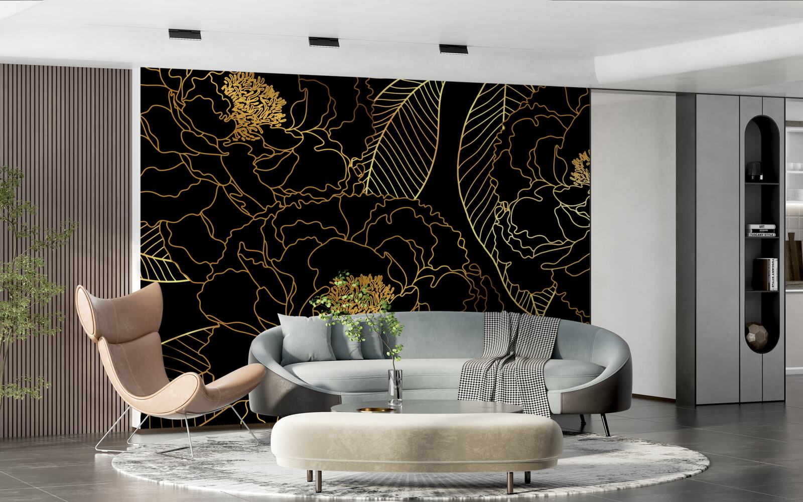 Fototapeta textúra listov a kvetov, tieňovaná zlatom