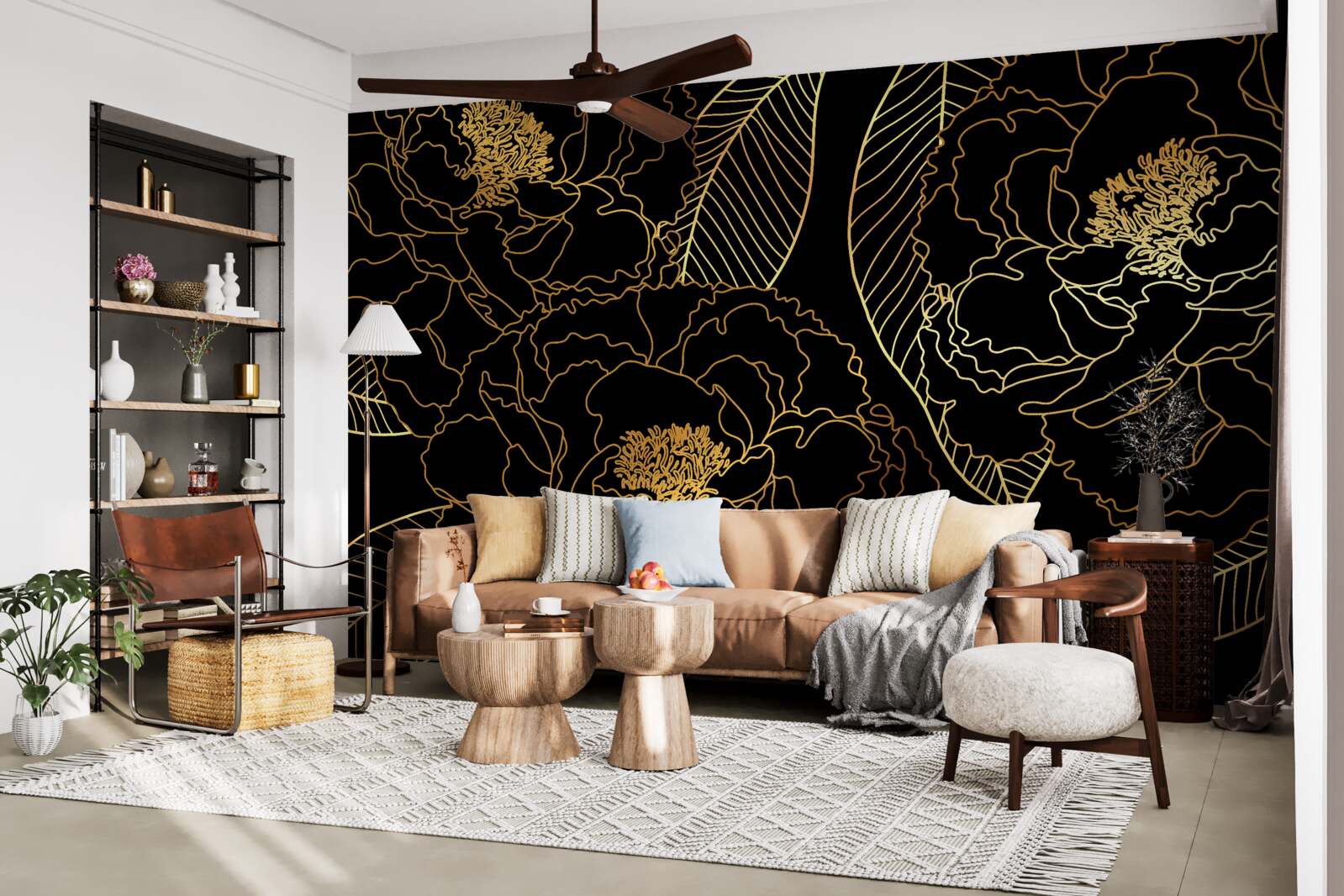 Fototapeta textúra listov a kvetov, tieňovaná zlatom