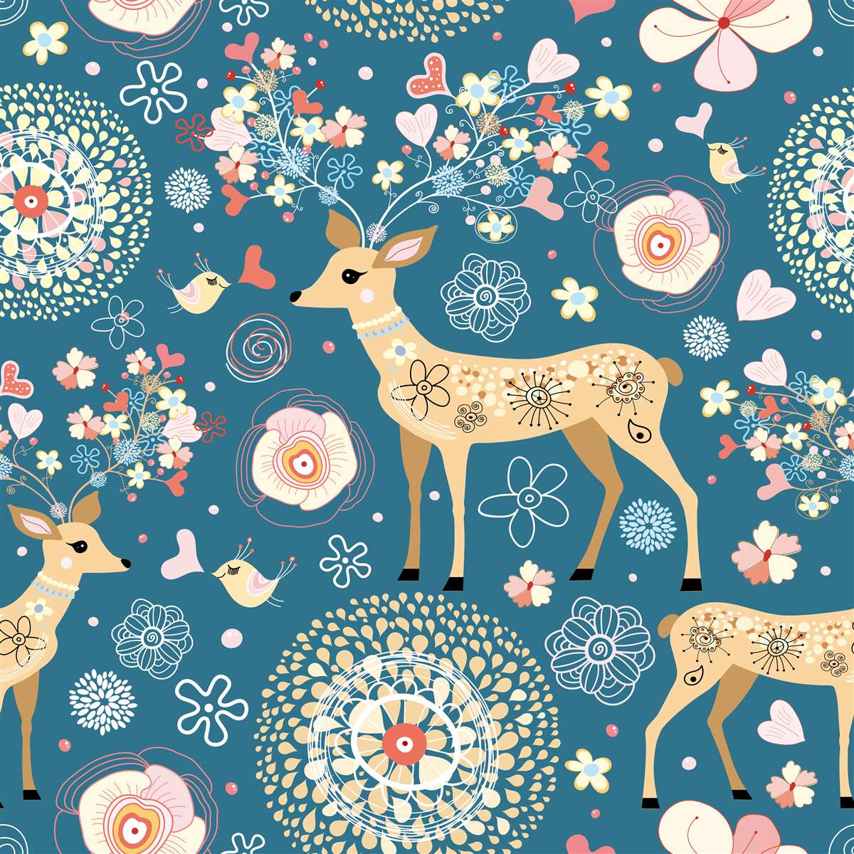 Fototapeta vtáky a jelene obklopené kvetmi