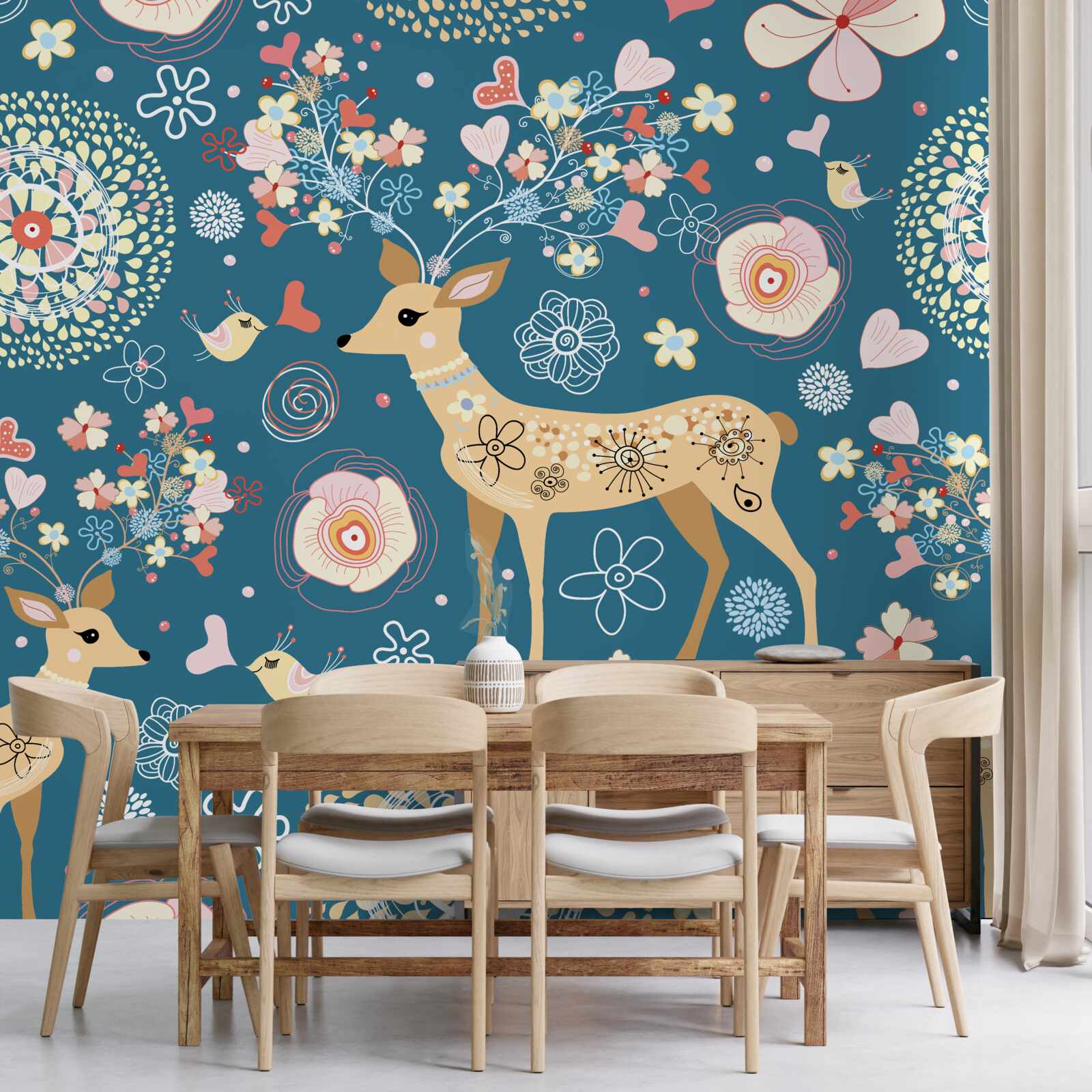 Fototapeta vtáky a jelene obklopené kvetmi