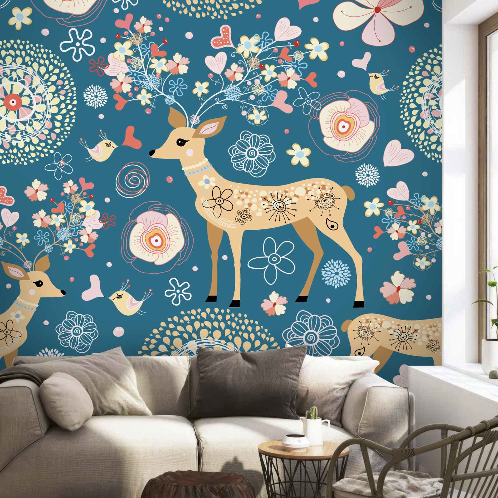 Fototapeta vtáky a jelene obklopené kvetmi