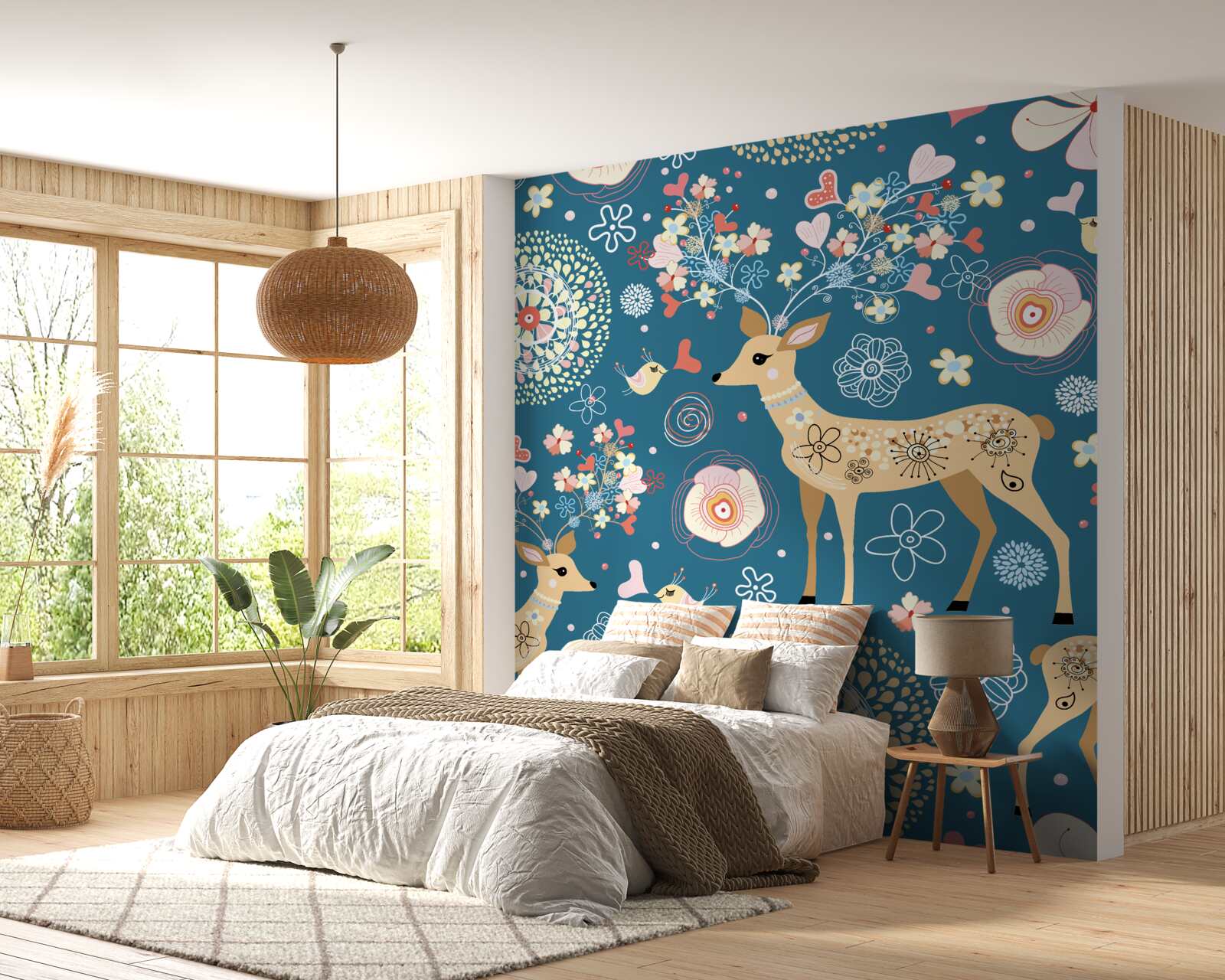 Fototapeta vtáky a jelene obklopené kvetmi