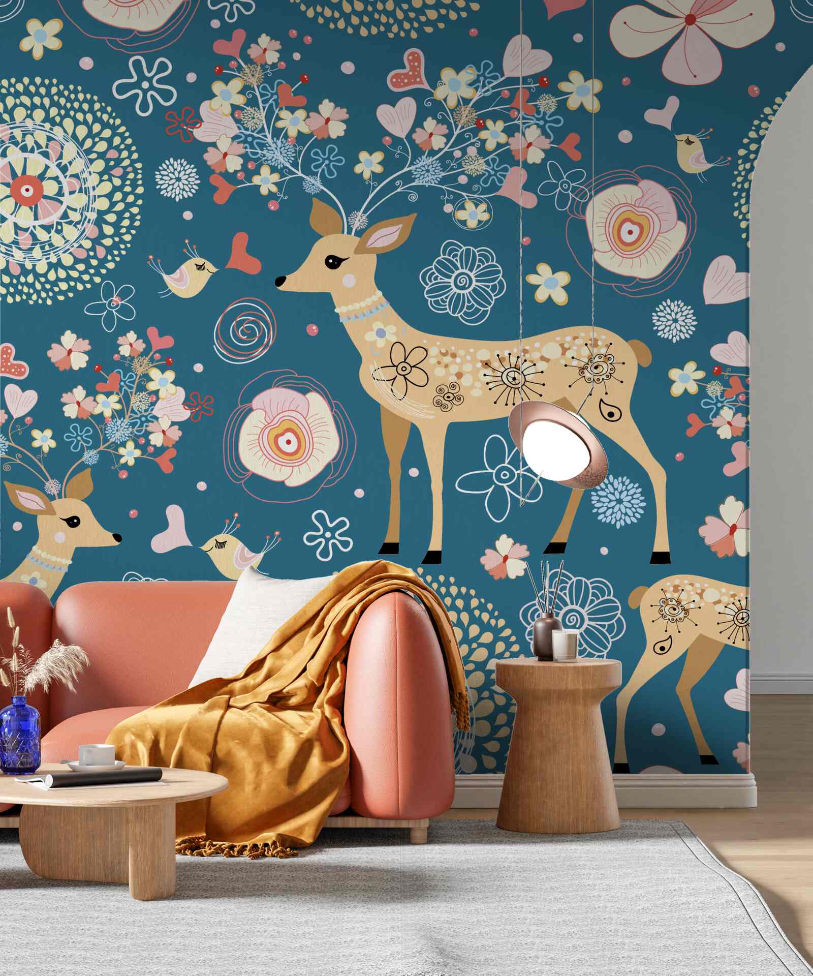 Fototapeta vtáky a jelene obklopené kvetmi