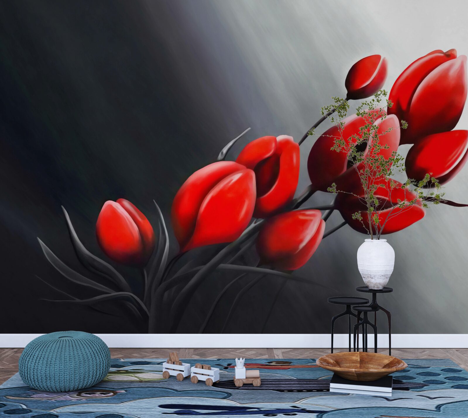 Fototapeta jasne červené tulipány, ktoré sa ešte neotvorili