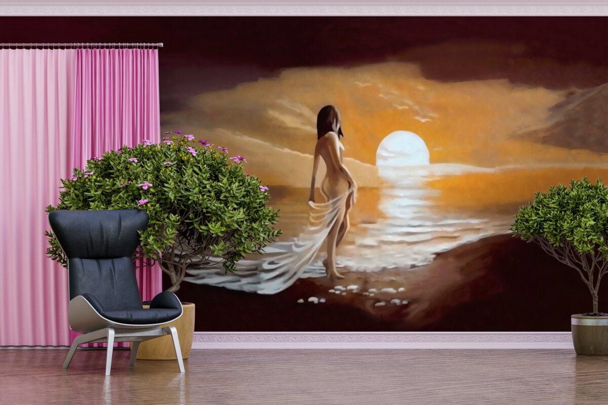 Fototapeta dievča sleduje západ slnka na pobreží