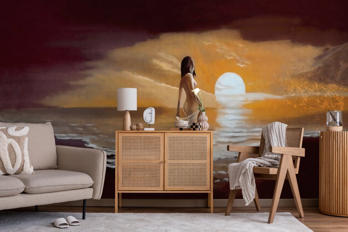 Fototapeta dievča sleduje západ slnka na pobreží