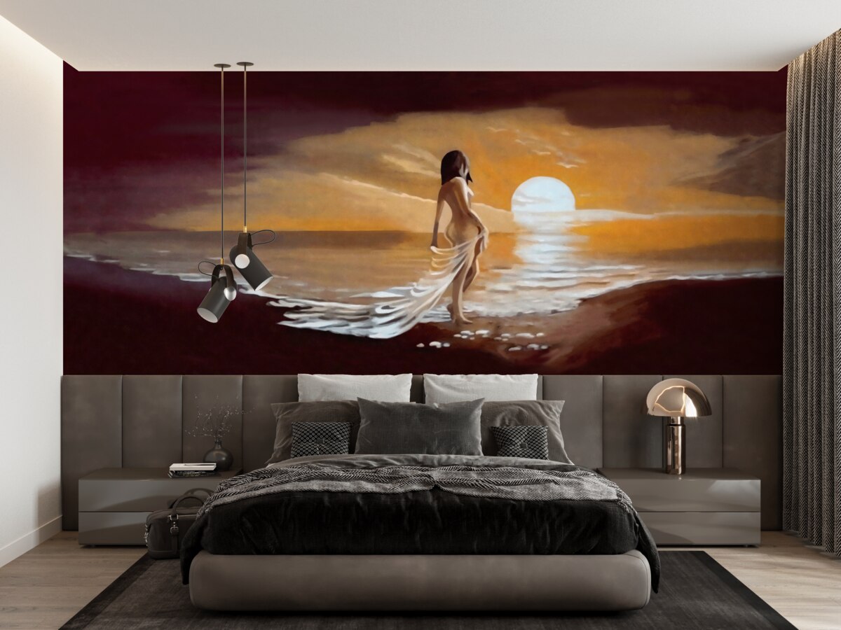 Fototapeta dievča sleduje západ slnka na pobreží