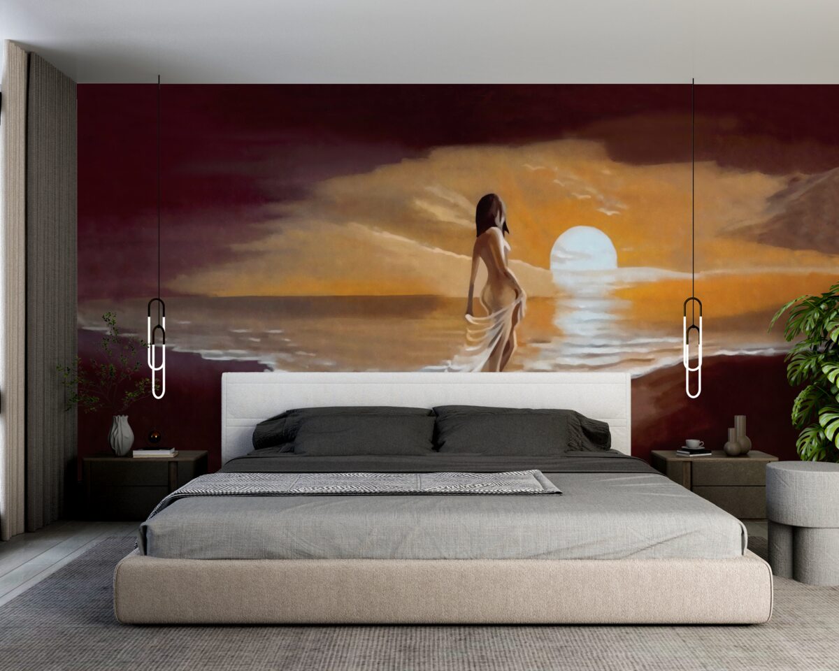 Fototapeta dievča sleduje západ slnka na pobreží