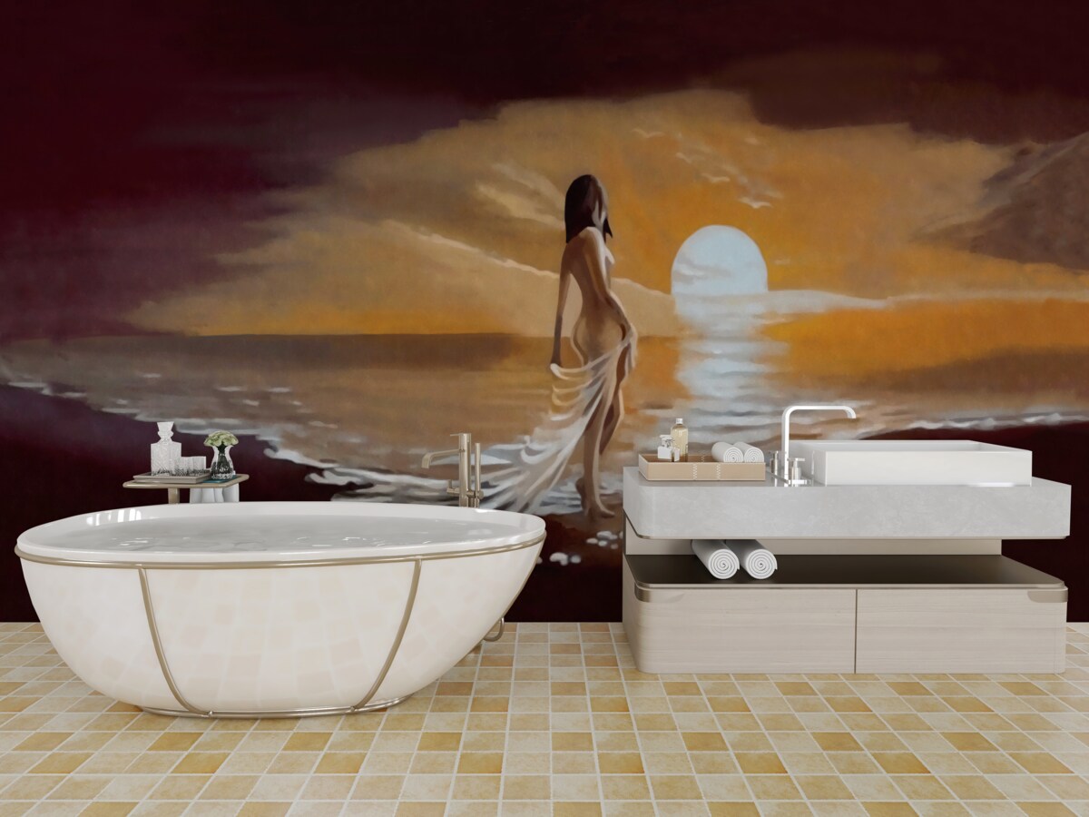 Fototapeta dievča sleduje západ slnka na pobreží