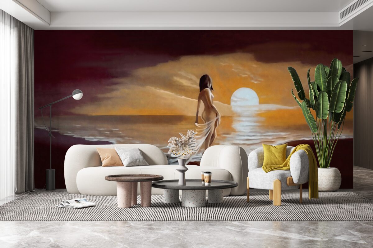 Fototapeta dievča sleduje západ slnka na pobreží