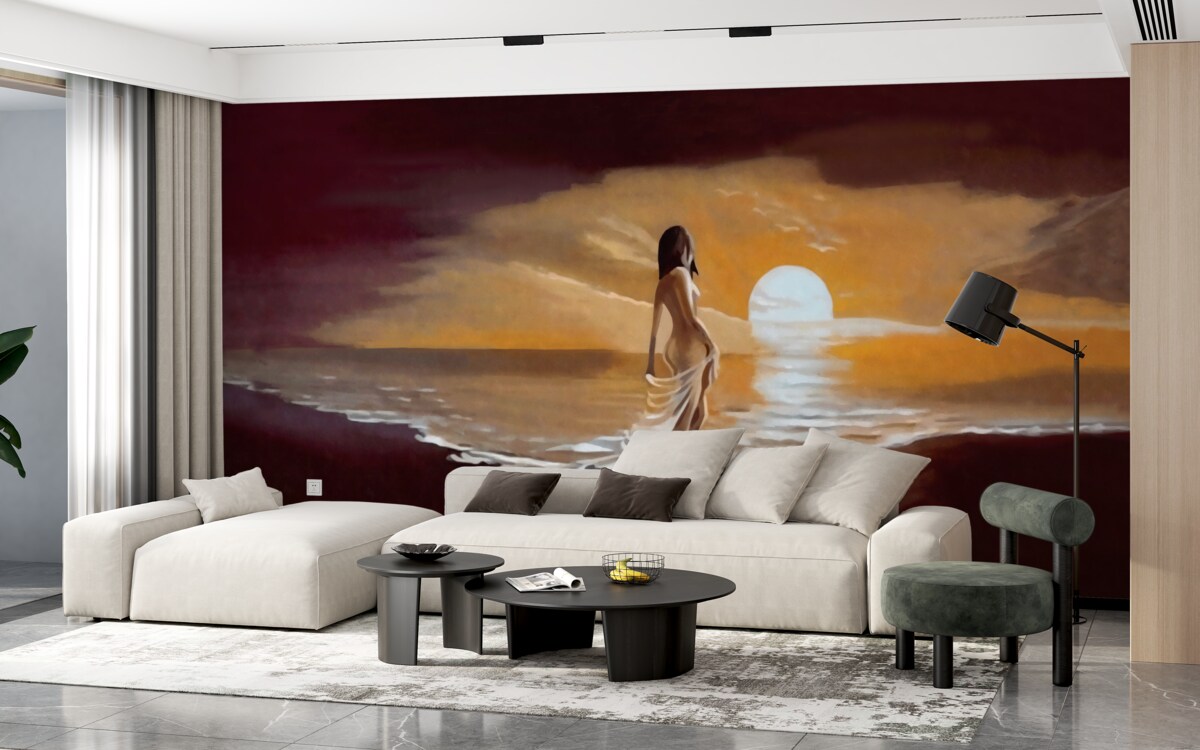 Fototapeta dievča sleduje západ slnka na pobreží