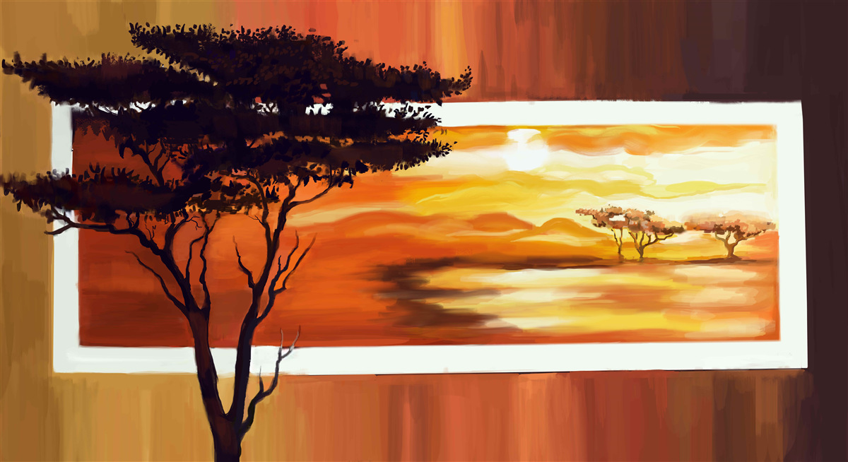 Fototapeta jazero pri západe slnka s bonsajmi