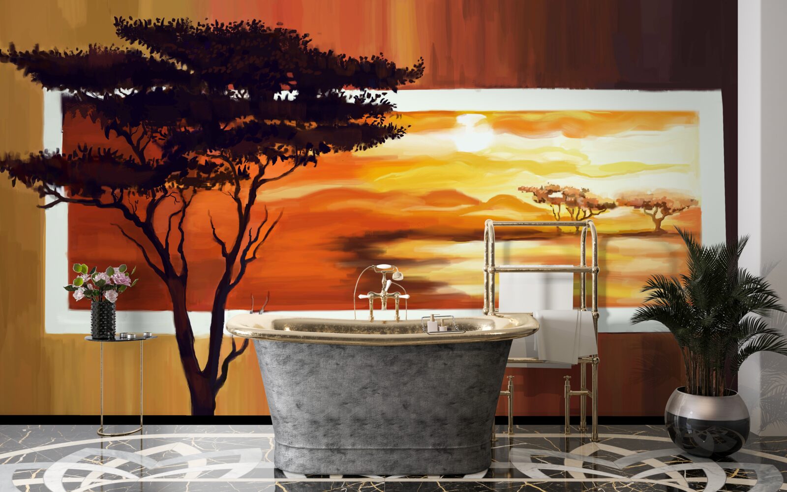 Fototapeta jazero pri západe slnka s bonsajmi